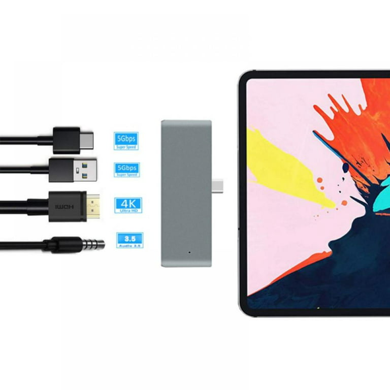 USB C Hub Adapter for iPad Pro 12.9 11, 10.9 iPad Air 4, 4-in-1 Mini  Type C Hub with USB C to 4K@60Hz, PD Charging, USB2.0, 3.5mm Headphone Jack  Compatible with MacBook