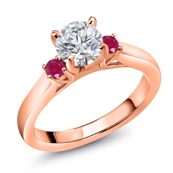 Gem Stone King 18K Rose Gold Plated Silver Lab Grown Diamond and Red Ruby Engagement Ring for Women | 0.86 Cttw | Round 6MM | Gemstone April Birthstone | Size 6