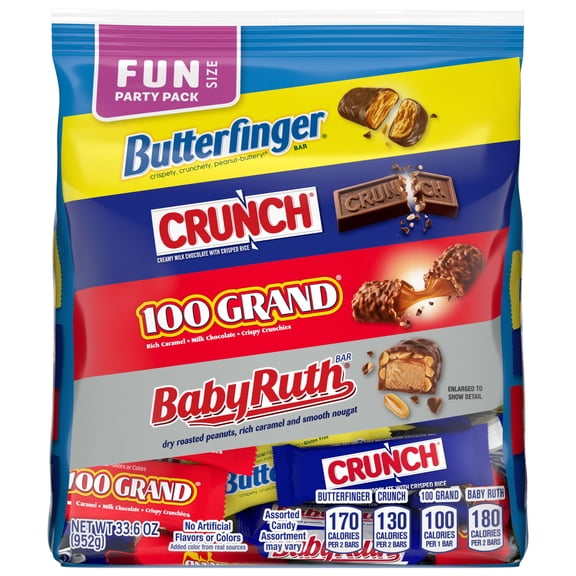 Butterfinger, Crunch, Baby Ruth, and 100 Grand, Assorted Fun Size Chocolate-y Treats, 55 Count Party Pack, 33.6 oz