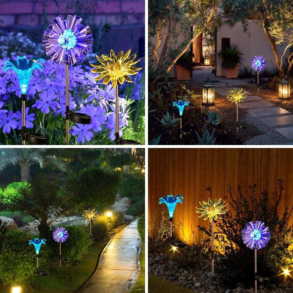 7 Color-Changing LED Solar Garden Stake Lights, 3 Pack Outdoor Solar Powered Flower Lights Waterproof Figurines Decor Landscape Pathway Lights for Garden, Yard, Lawn, Patio