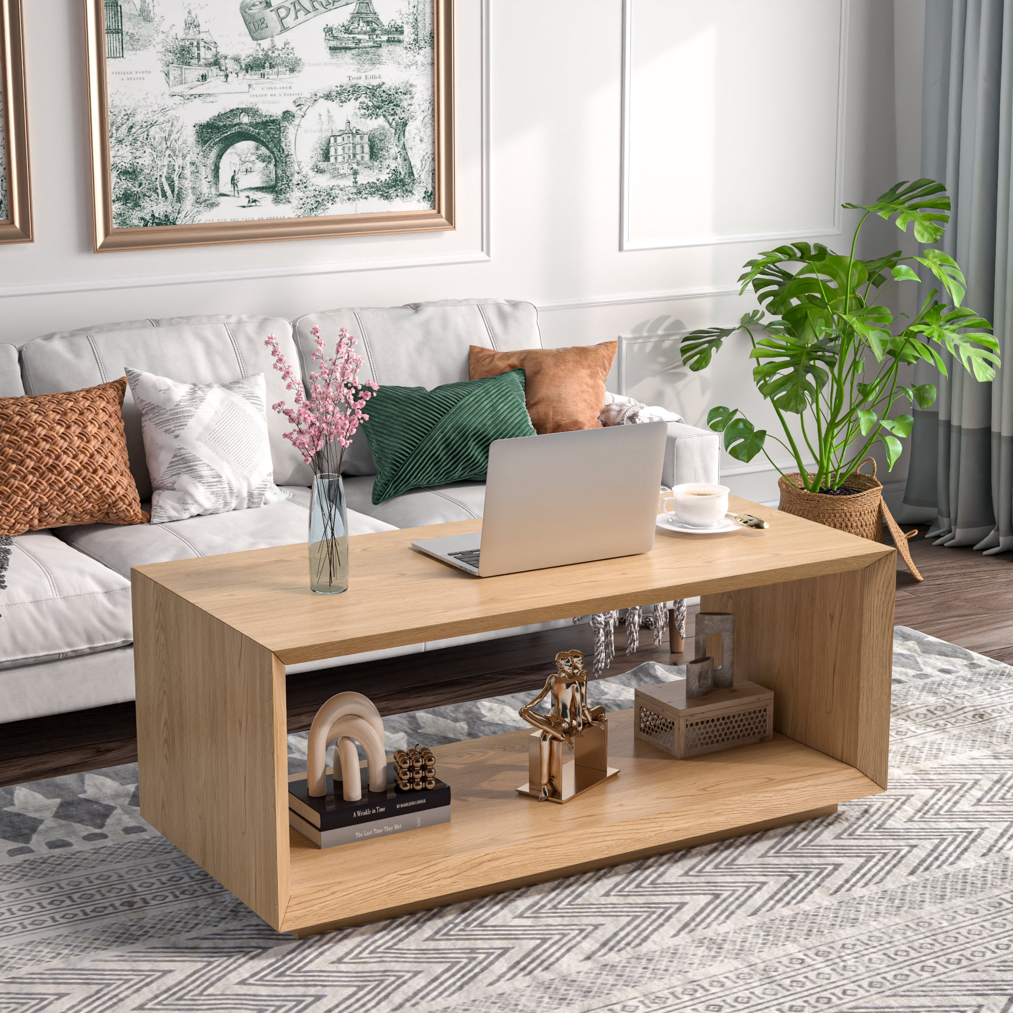 Farmhouse Wood Coffee Table, Rectangle Coffee Table, Simple 2-Tier (Oak)