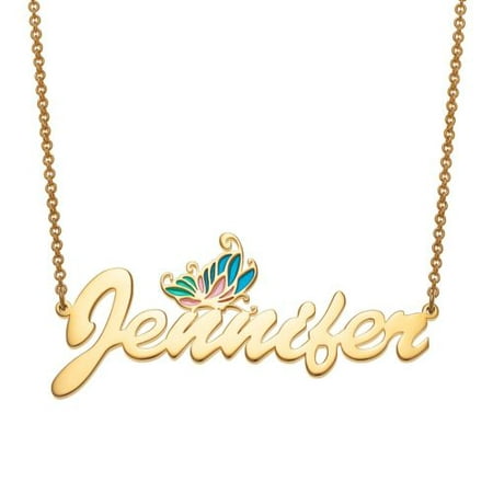 Personalized Women's Gold Plated Script Name Necklace with Pink and Blue Enamel Butterfly