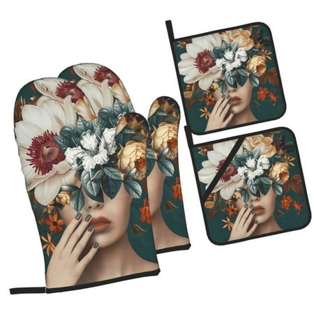 

Fotbe Floral Head Dreamscape for 4Pcs Oven Mitts and Pot Holders 500℉ Heat Resistant Oven Mitts Non-Slip Silicone Surface Safe for Baking Cooking BBQ