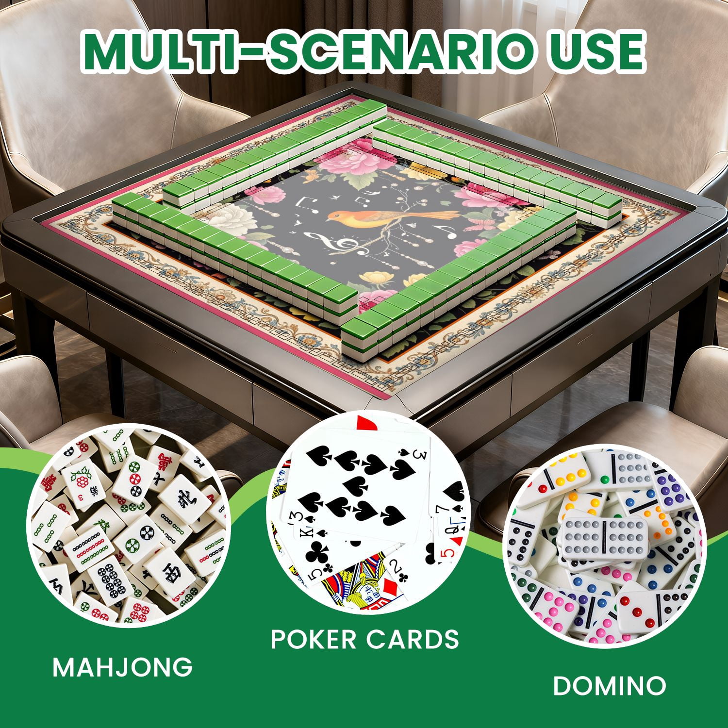 Mahjong Mat 31.5" x 31.5" Colorful Floral Peonies Butterflies Singing Bird Black Non-Slip Noise Reduction American Mahjong Tiles Table Cover for Dominoes Poker Card Board Games Gift