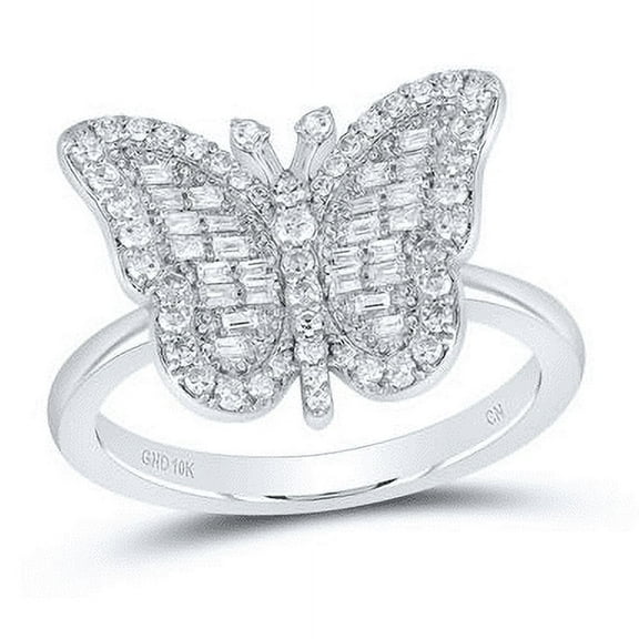 10K White Gold Round & Baguette Diamond Butterfly Statement Ring Band 1/3 CT.