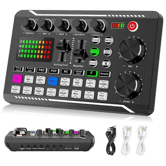 F998 Tarjeta de sonido en vivo, mezclador de audio para podcast, cambiador de voz para efectos de sonido, micrófono y karaoke.
