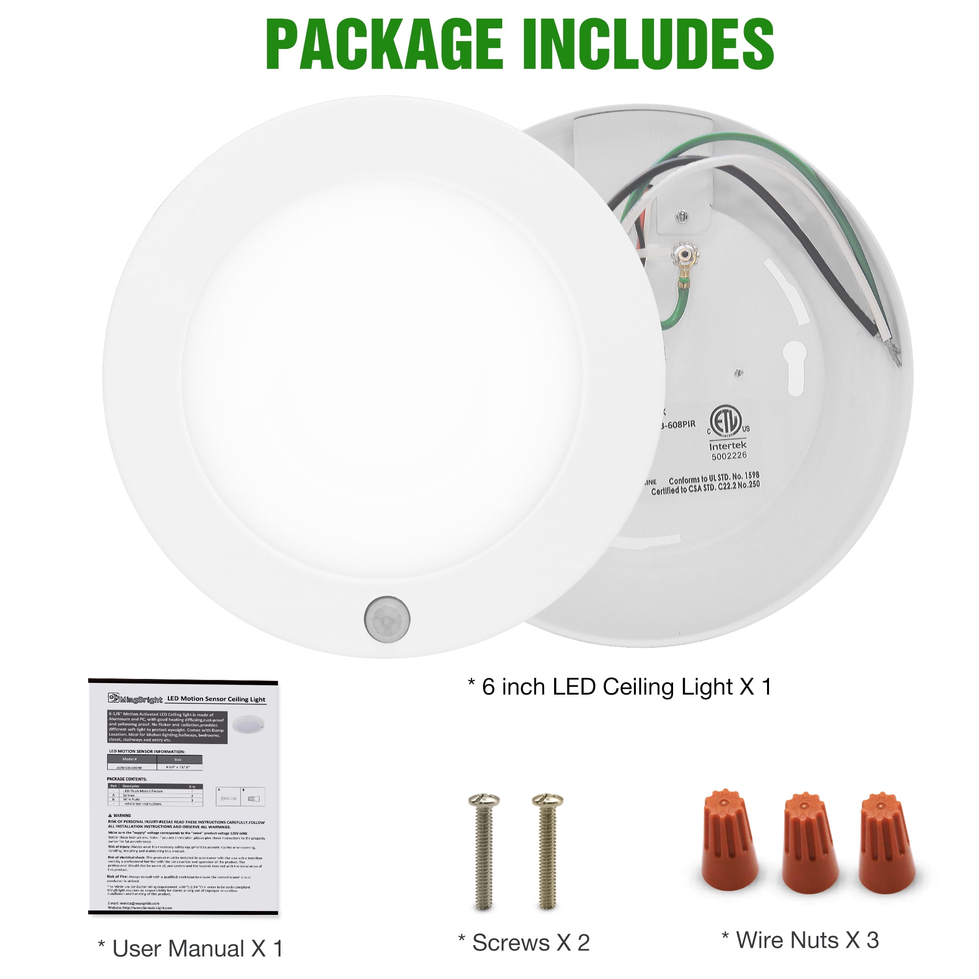MingBright 2Pack 3000K 6'' Motion Sensor LED Ceiling Light, 120V LED Flush Mount Round Lighting Fixture, 10W 700lm LED Closet Light for Indoor/Outdoor, Porches, Closet Rooms, Stairs, Hallways