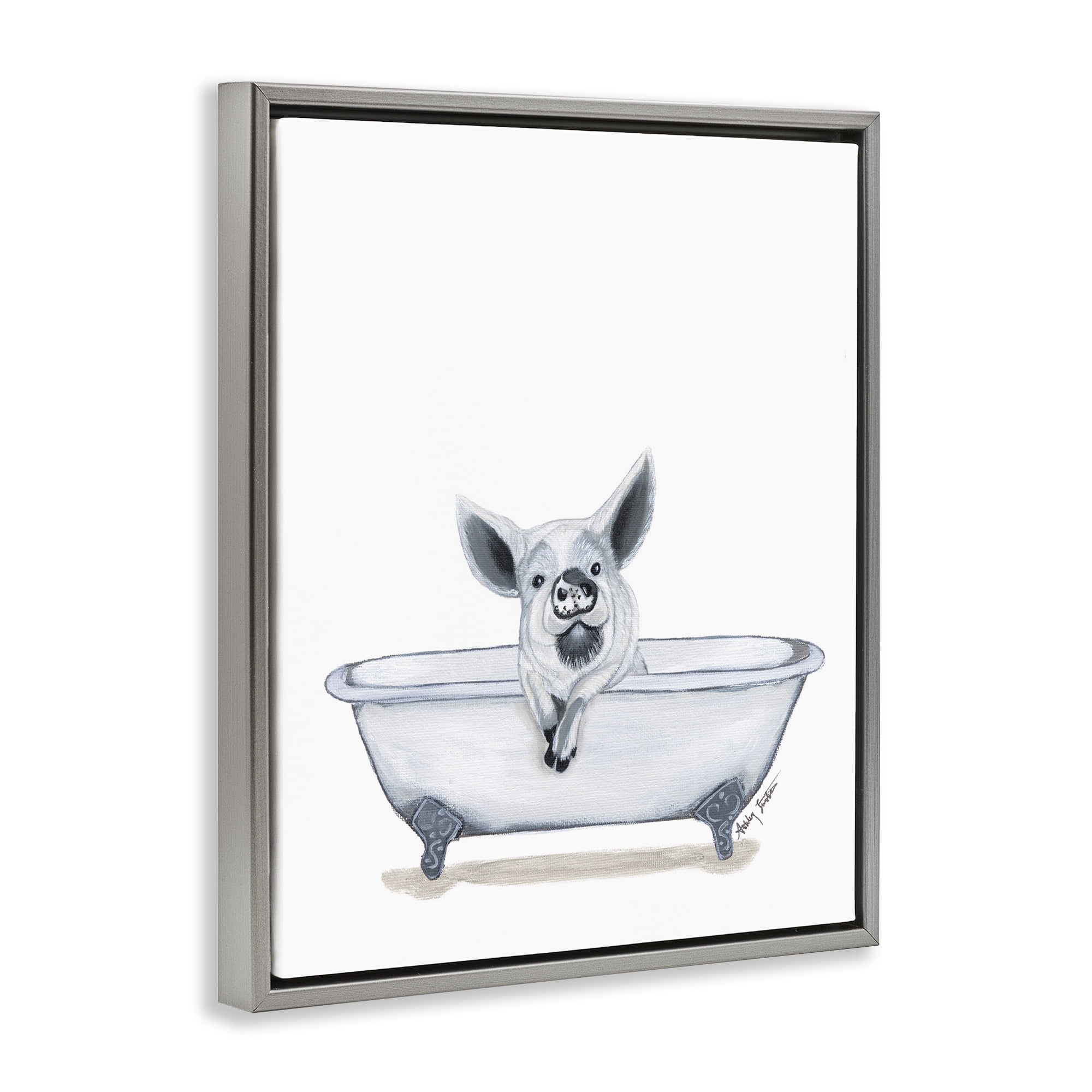 Stupell Industries Pig in Tub Sketch Bath & Laundry Painting Gray Floater Framed Canvas Art Print Wall Art, 17 x 21