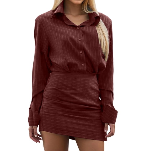 QHFBli Women Dressy Casual 2 Piece Outfits Striped Long Sleeve Button Down Shirt and Mini Skirt Matching Set