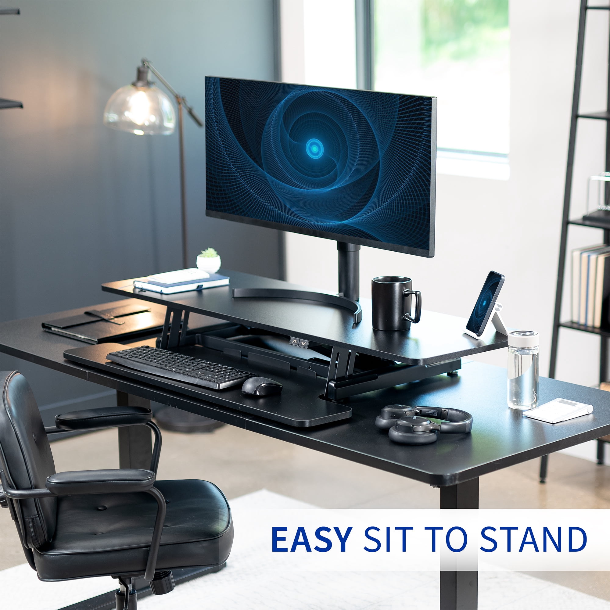 VIVO Black Electric 47" Standing Desk Monitor Riser, Dual Arm Sit Stand Tabletop