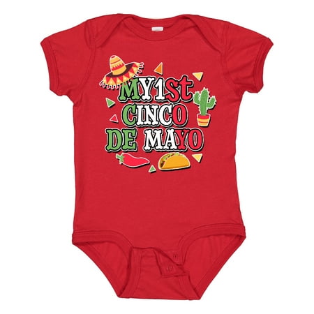 

Inktastic My 1st Cinco De Mayo with Sombrero Red Chili Pepper Taco and Cactus Gift Baby Boy or Baby Girl Bodysuit