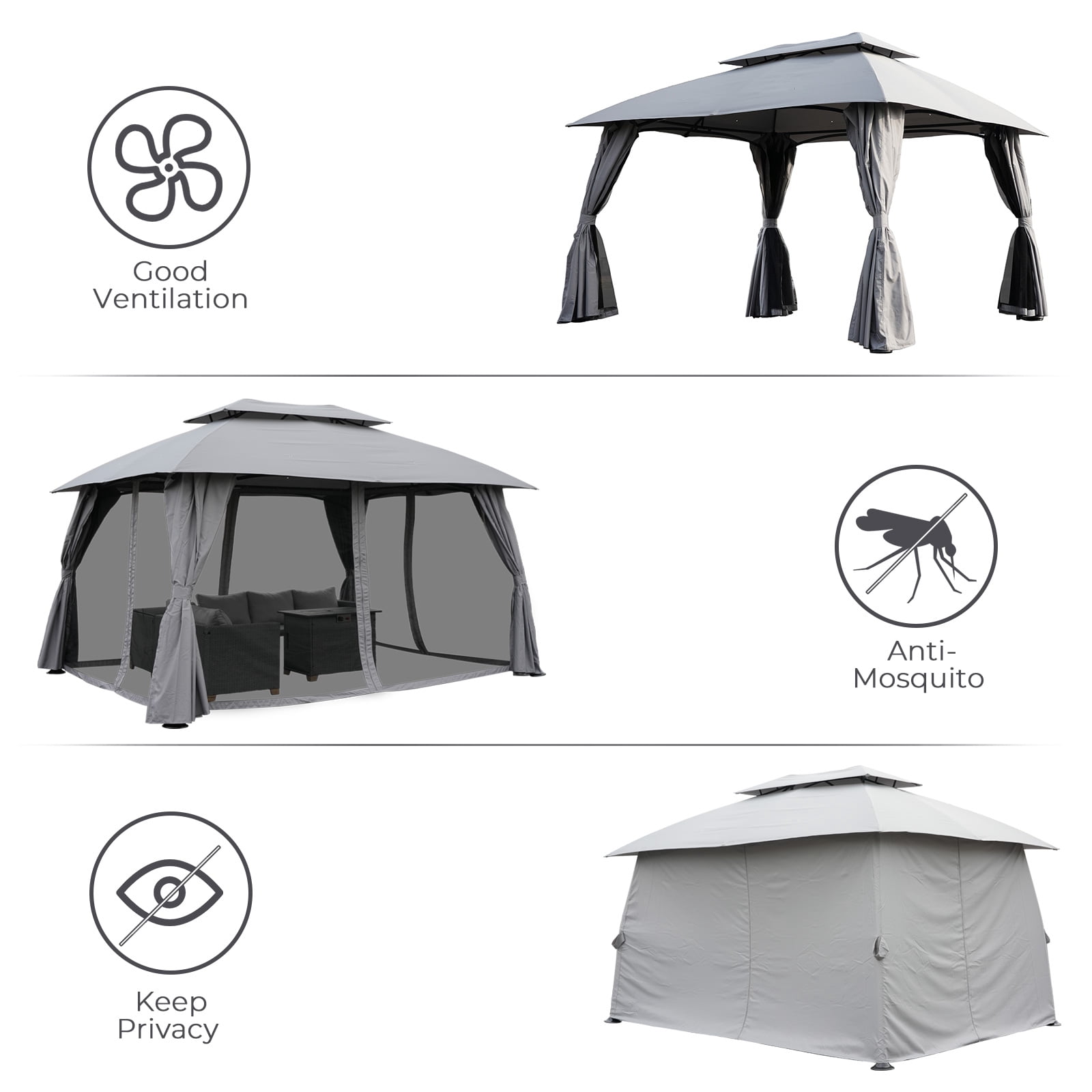 GRANDPATIO 10x13 Ft Gazebo Double Soft Top All-Weather Canopy Anti-UV Shelter with Privacy Curtains and Netting for Patio, Deck, Backyard, Garden, Lawns
