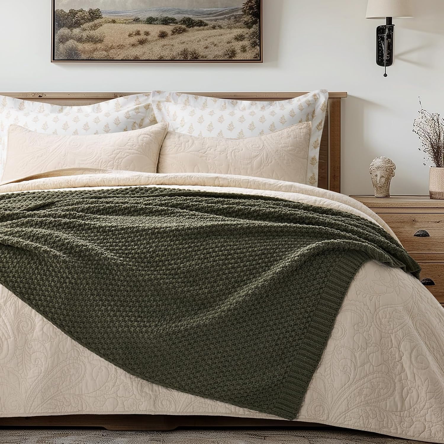 EVERGRACE Chunky Chenille Knit Throw Blanket for Couch, Soft Luxurious Moss Stitch Blankets for Bed, Cozy Decorative Farmhouse Knitted Throws for Sofa, Olive Green, 50" x 60"