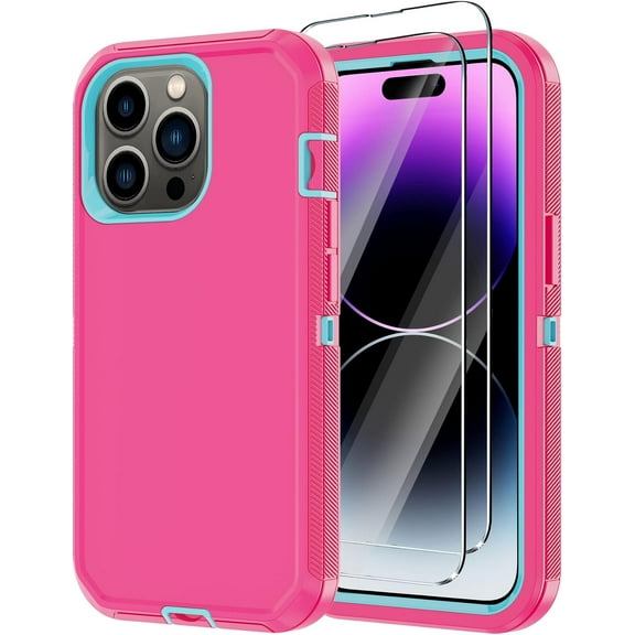 for iPhone 14 Pro Case with 2 Screen Protector, Heavy Duty Drop Protection Shockproof Full Body 3-Layer Military Rugged Durable Protective Cover for Apple iPhone 14 Pro 6.1" (Pink/Blue)