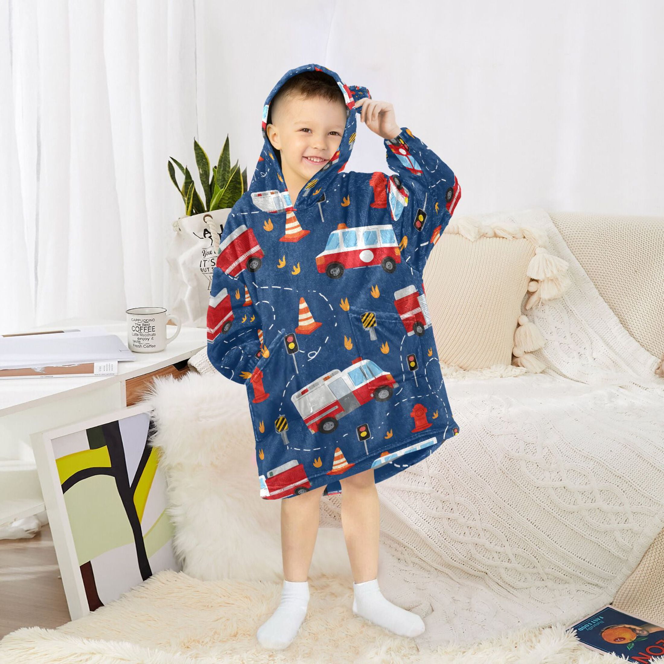 joogoo Blanket Hoodie for Fire Trucks Cartoon Oversize Sweatshirt 3-14 YR L