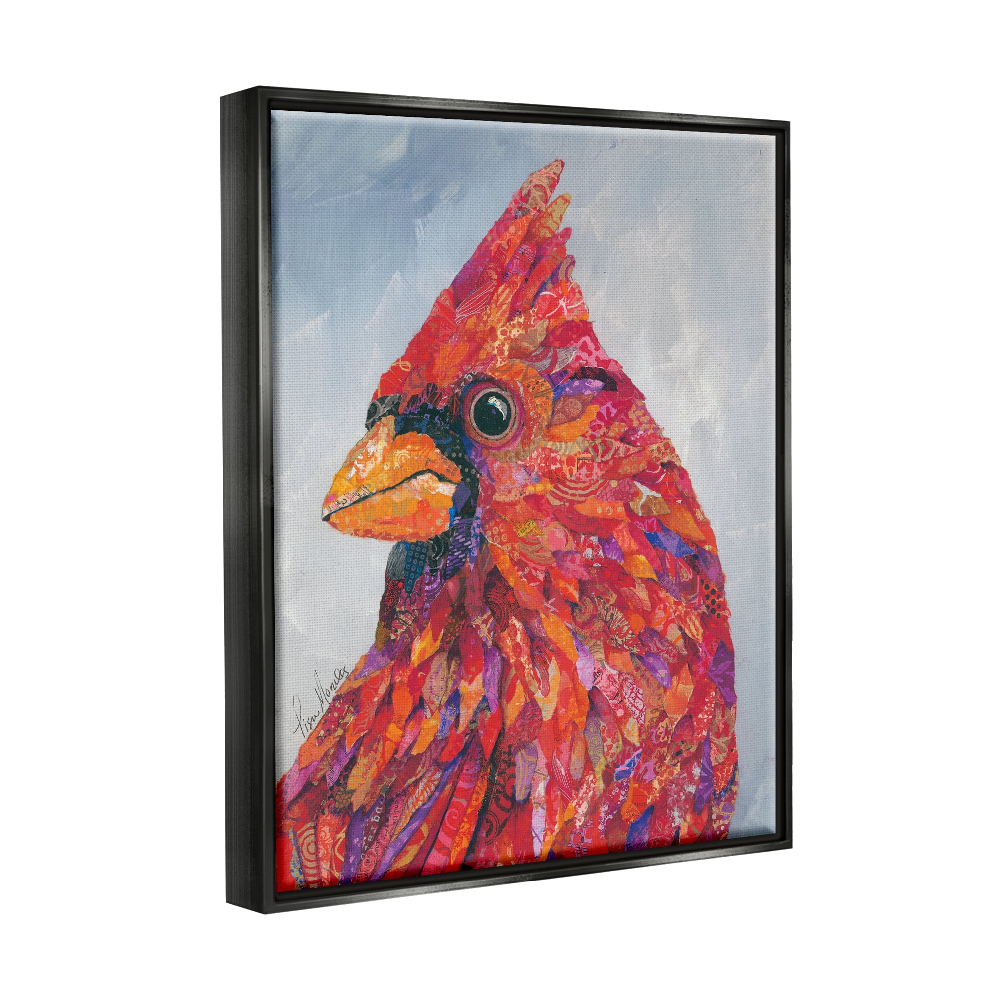 Stupell Industries The Messenger Red Cardinal Layered Collage Bird Painting Painting Jet Black Floating Framed Canvas Print Wall Art, Design by Lisa Morales