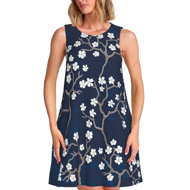 Balery Cherry Blossoms on Navy Background Vestidos de verano para mujer con estampado: vestido holgado sin mangas, vestido playero informal y cómodo para días calurosos.