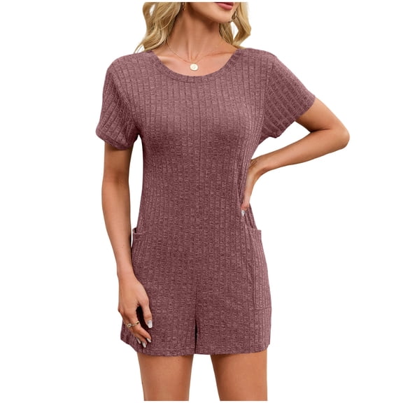 MGDXOX Women's Short Sleeve Rompers Ribbed Knit Crew Neck Loungewear Summer One Piece Jumpsuit Pajama Set Bodysuit Red XL