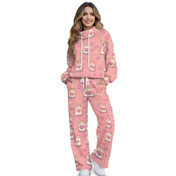 Renewold Valentine's Day Track Suits for Women Set Includes Drawstring Wide Leg Pants and Pullover 2 Piece Outfits Tracksuit Lounge Sets Petite for Women, Hamster Heart Star Print Pink, XS