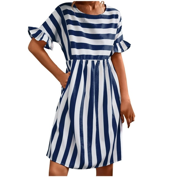 Henpk Summer Dresses for Women Striped T Shirt Dress Casual Midi Dress Short Sleeve Sundress with Pockets Fashion Casual Spring And Summer Short Sleeve Round-Neck Stripe Splicing Dress Black M