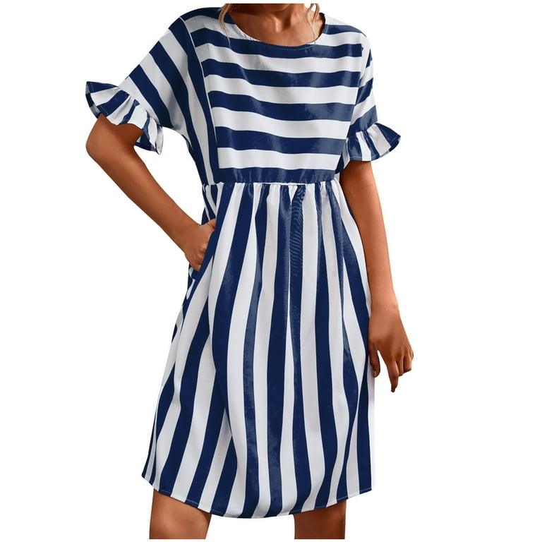 Usmixi Summer Dresses for Women Casual Ruffle Sleeve Wrap Hem Knee-Length  Sun Dresses Short Sleeve Round Neck Striped Print Midi Sun Dress Navy S
