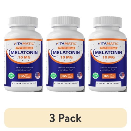 (3 pack) Vitamatic Melatonin 10mg Tablets | Vegetarian Non-GMO Gluten Free | 1 Year Supply | Natural Berry Flavor - 365 Tablets