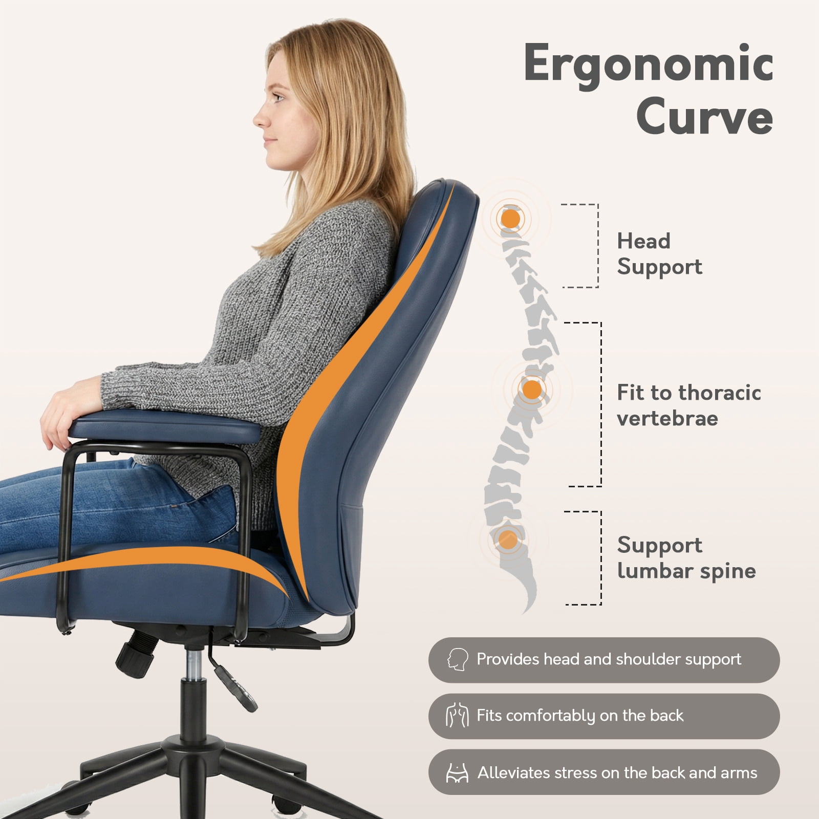 HomeZeer Executive Office Chair, Leather Desk Chairs with Wheels, Ergonomic Desk Chair with Arms, Mid Century Modern Reclining Computer Task Home Chair with Lumbar Support, Blue