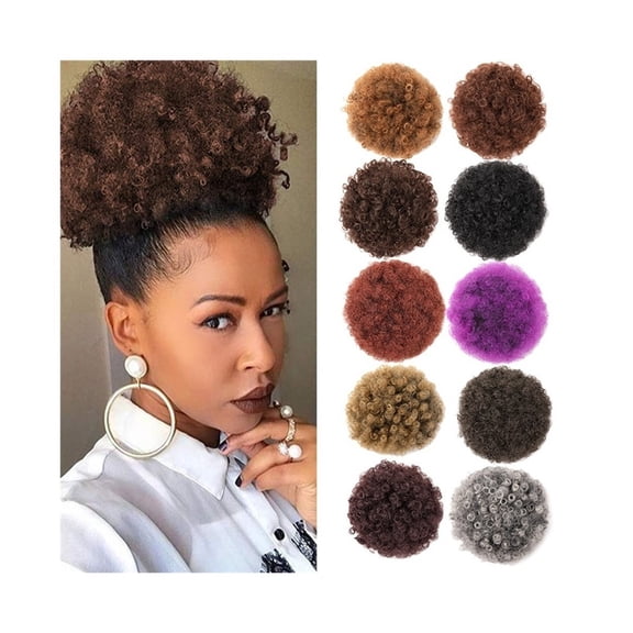 Afro Puff Hair Bun Extension Hairpieces Short Kinky Curly Drawstring Ponytail Extension with 2 Clips