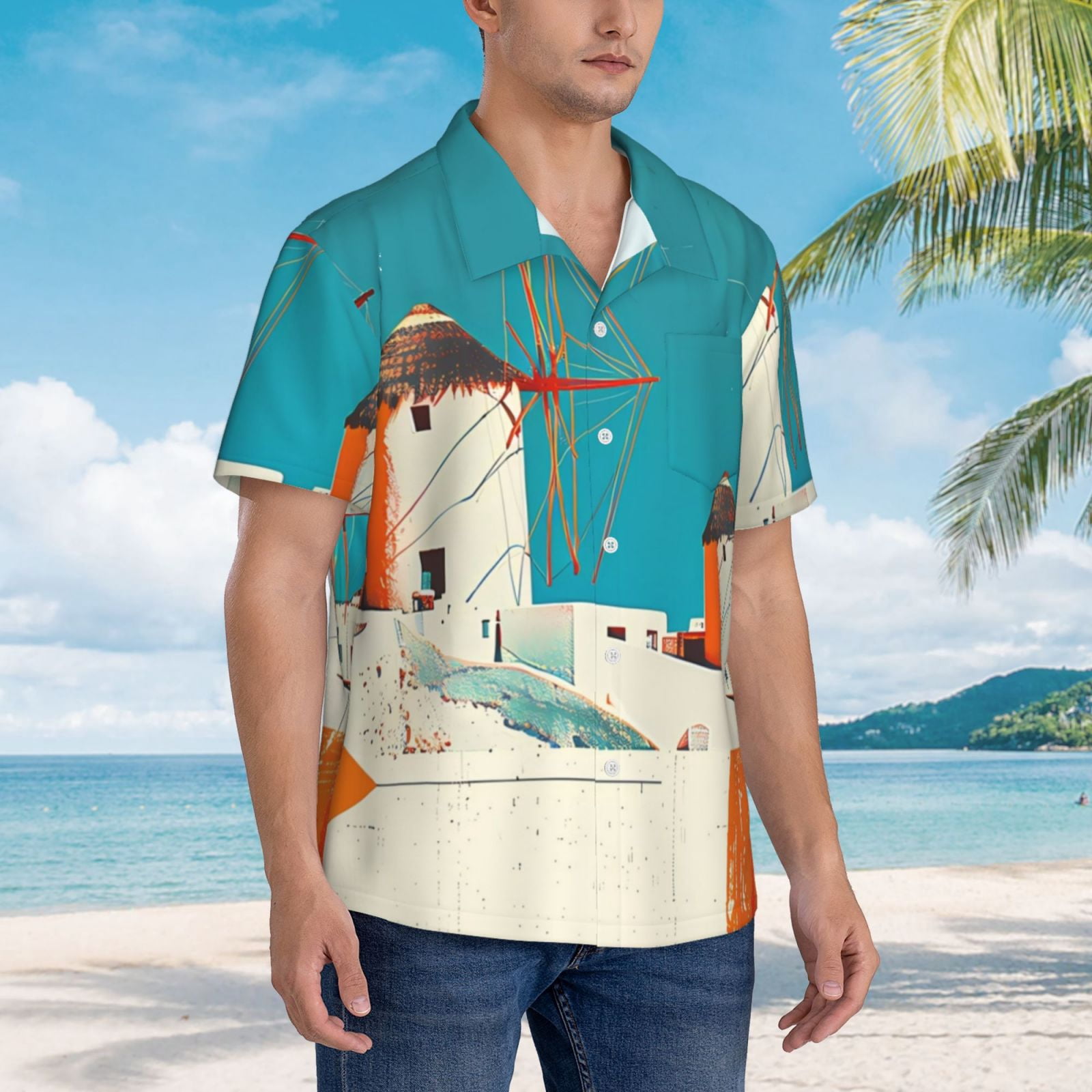 Logiee Colorful Greek Windmills Print Mens Hawaiian Shirts,Loose-Fit Short Sleeve Button Down Tropical Aloha Beach Shirt,Summer Vacation Wedding Tops,X-Large
