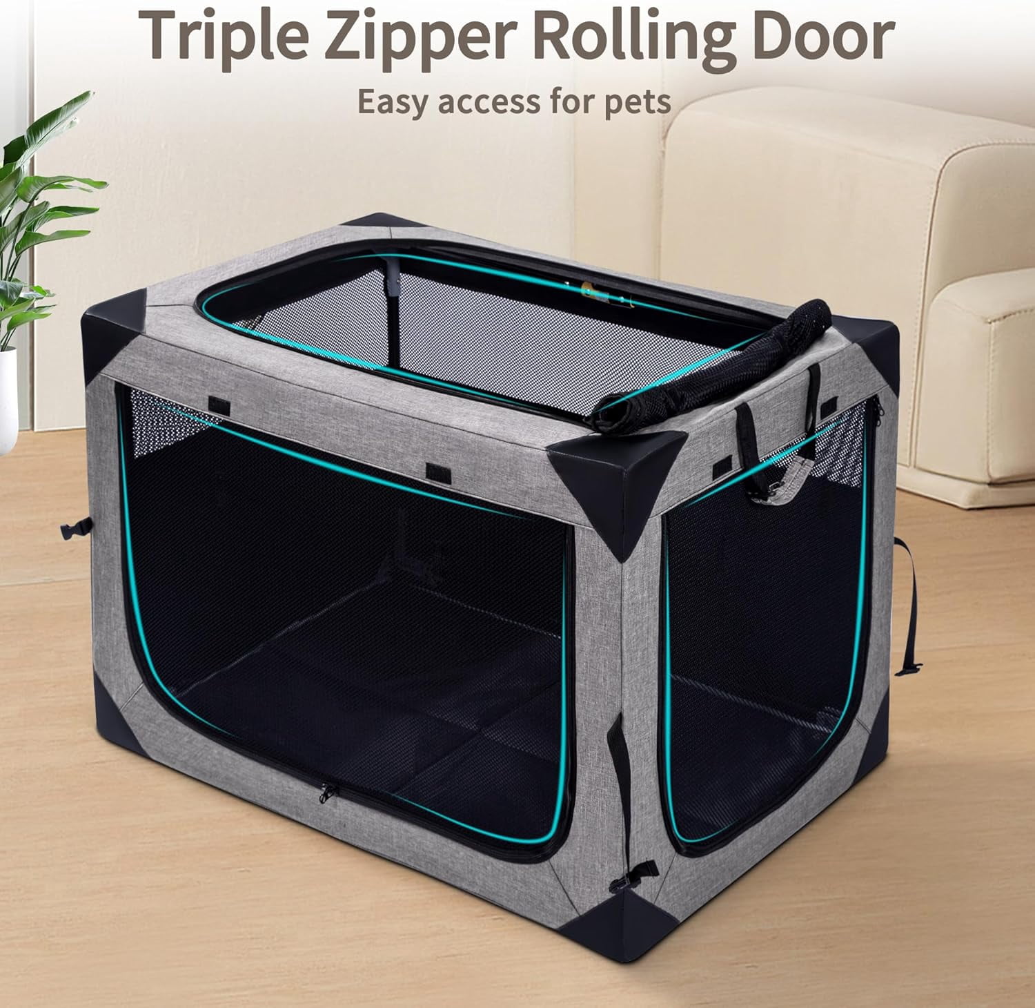 36 Inch Collapsible Soft Dog Crate with Chew Proof Mesh for Large Dogs