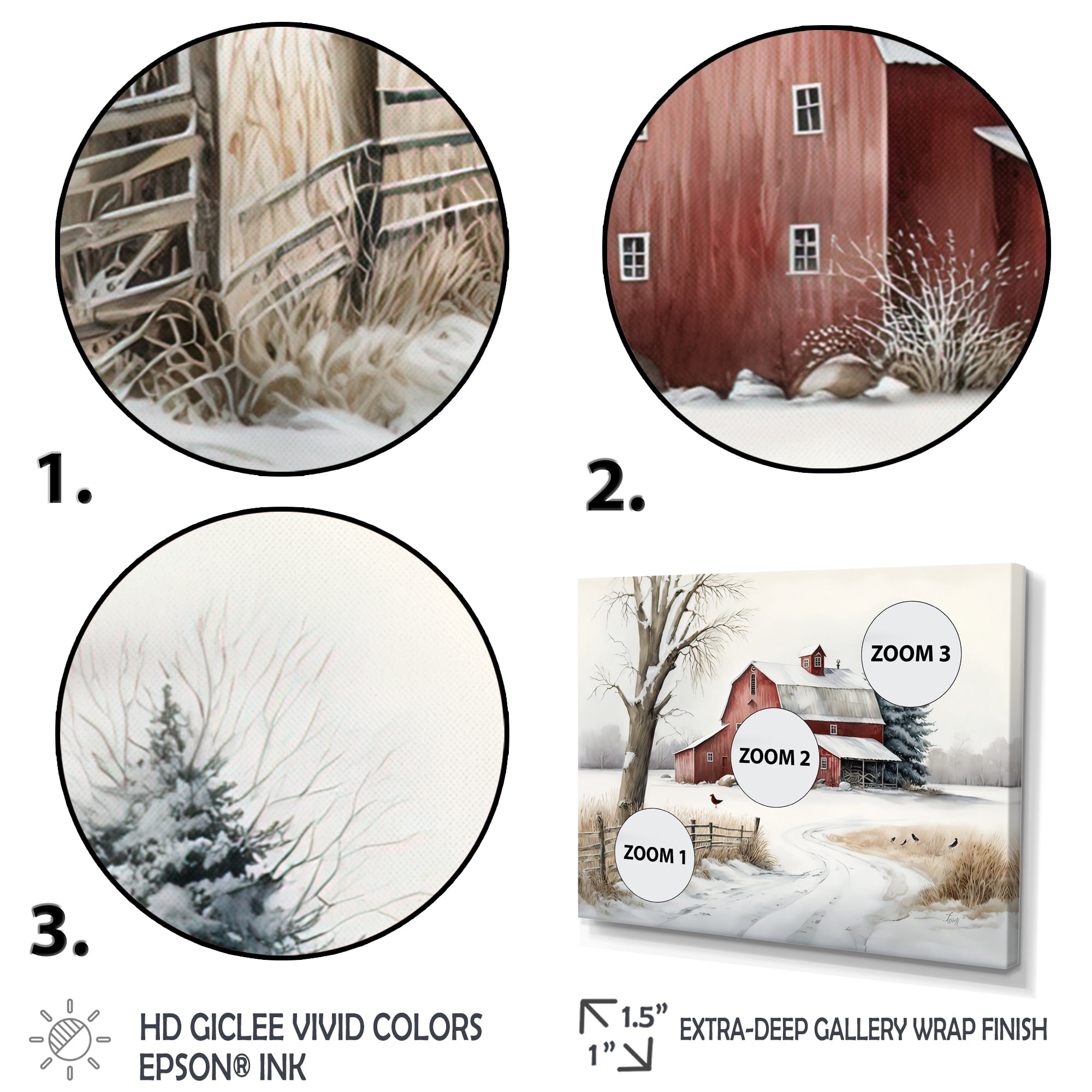 Designart Calm Red Barn In Winter III Canvas Wall Art