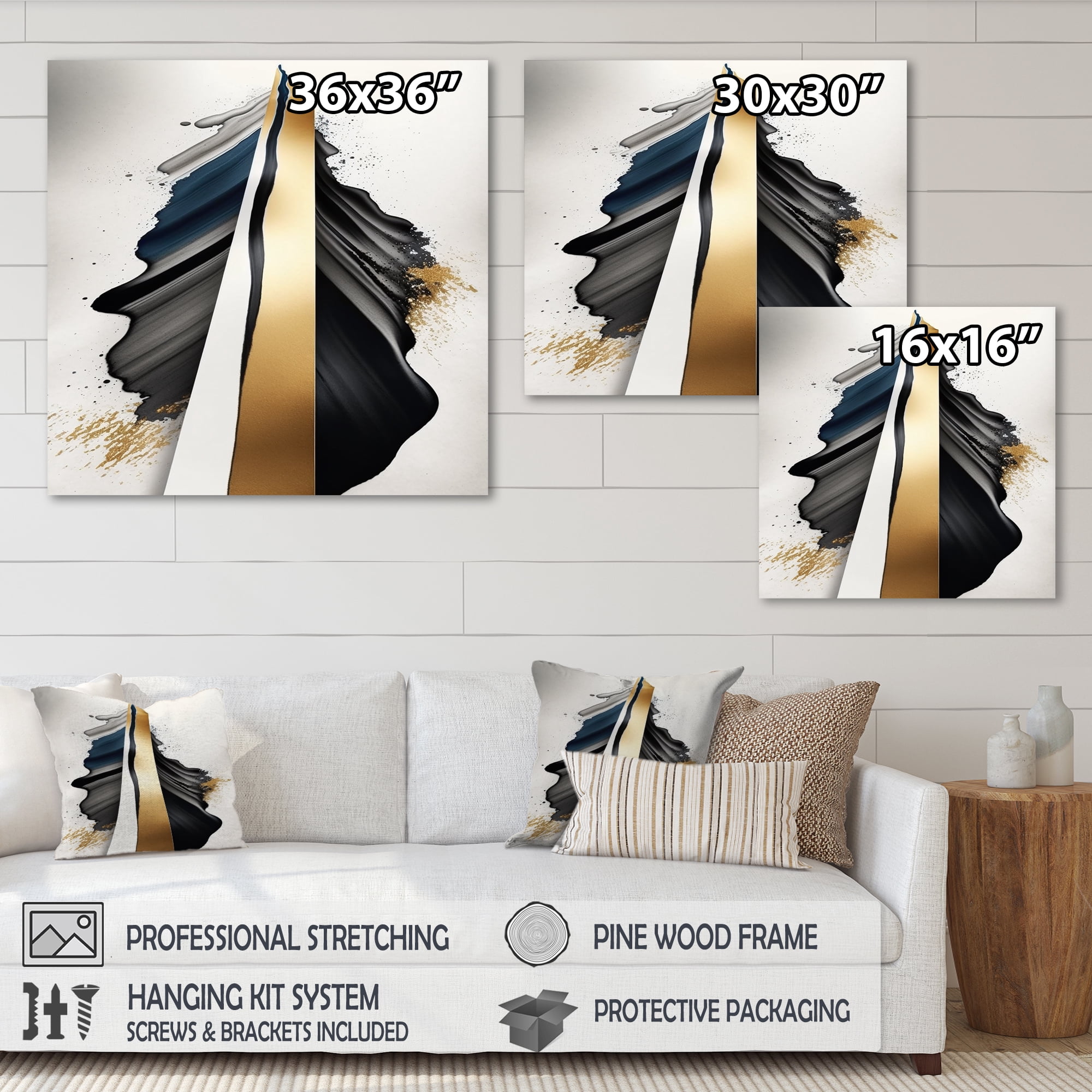 Designart Black And Gold Cubic Expression VII Canvas Wall Art