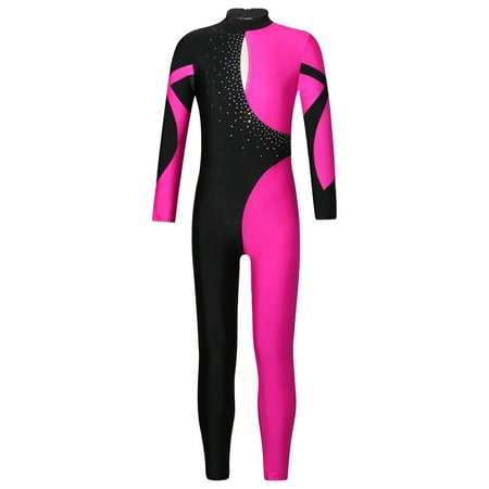 Alvivi Girls  Long Sleeve Unitard Full Length Jumpsuit One Piece Bodysuits Gymnastics Ballet Dance Leotard Hot Pink 8