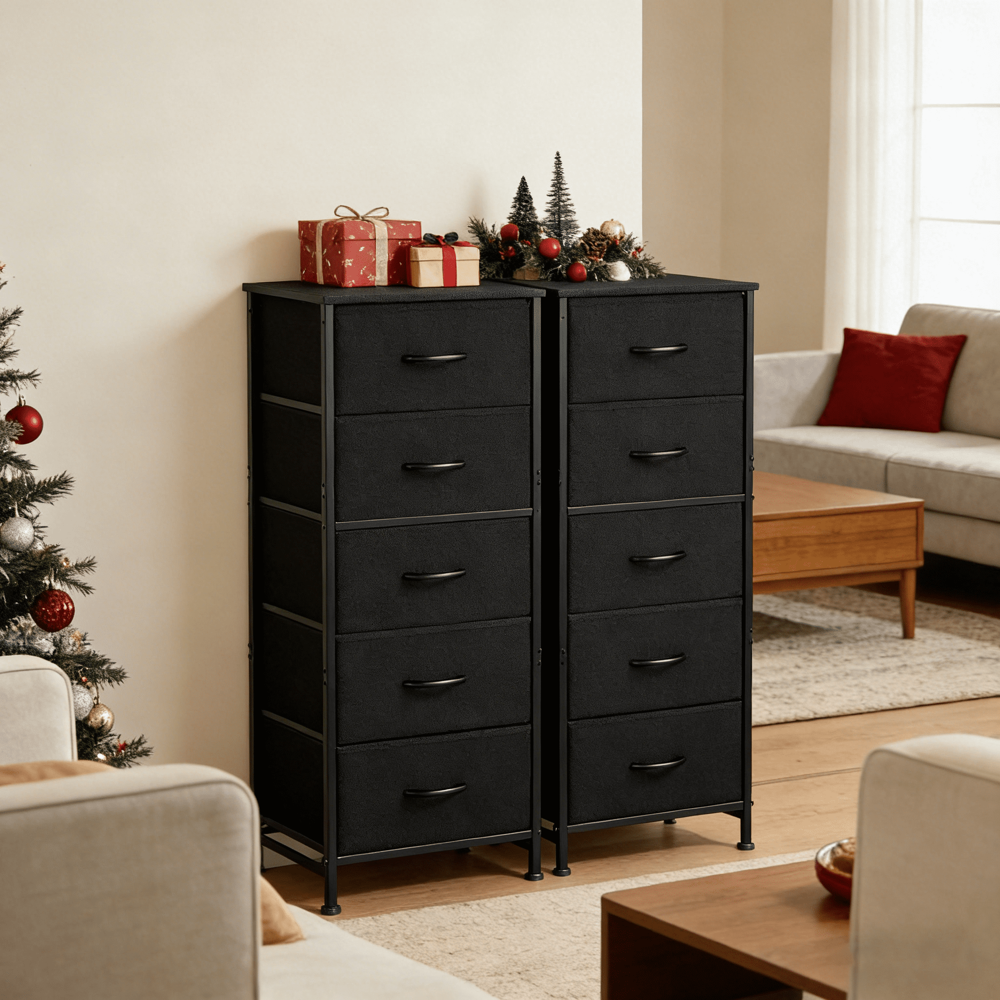 Aidoly 5-Tier Fabric Drawer Storage Organizer with Solid Surface Top - Multi-Functional Bedside & Room Organizer, Black