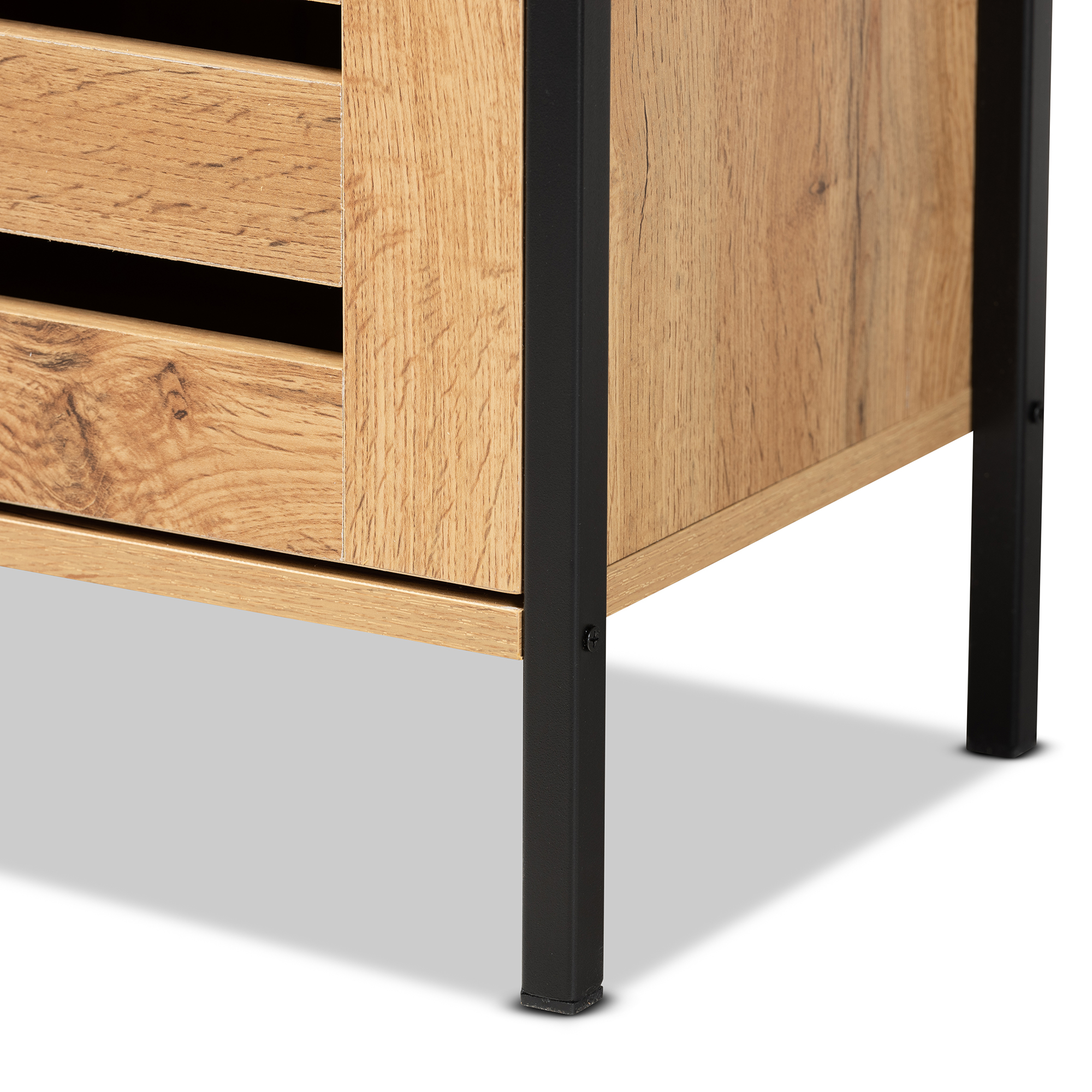 Baxton Studio Vander Modern and Contemporary Oak Brown Finished Wood and Black Finished Metal 1-Door Shoe Storage Cabinet