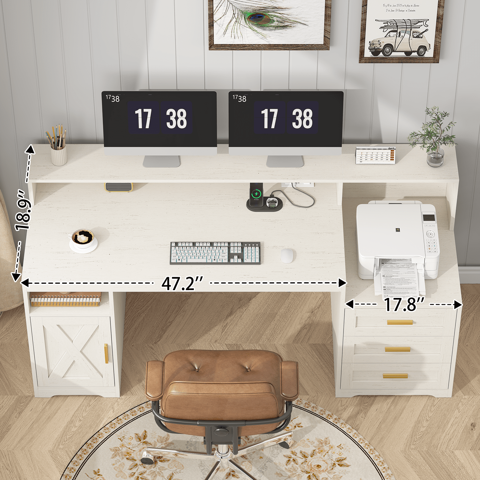 Farmhouse Computer Desk with Drawers, 65'' Home Office Desk with Power Outlets, Storage Cabinet and Printer Stand, Study Writing Desks with Long Monitor Stand, White