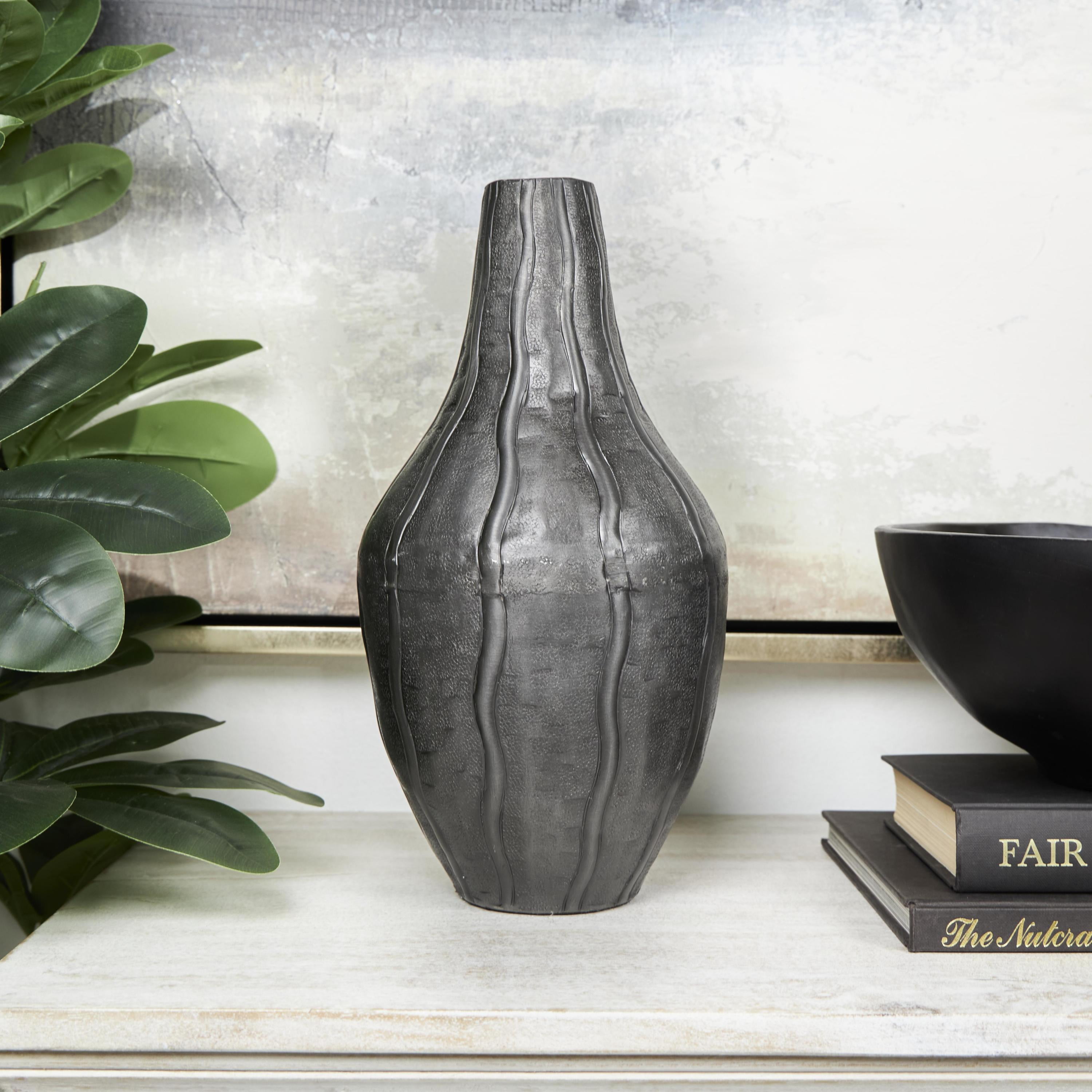 DecMode 13" Snakeskin Inspired Black Metal Vase with Dimensional Wavy Accents