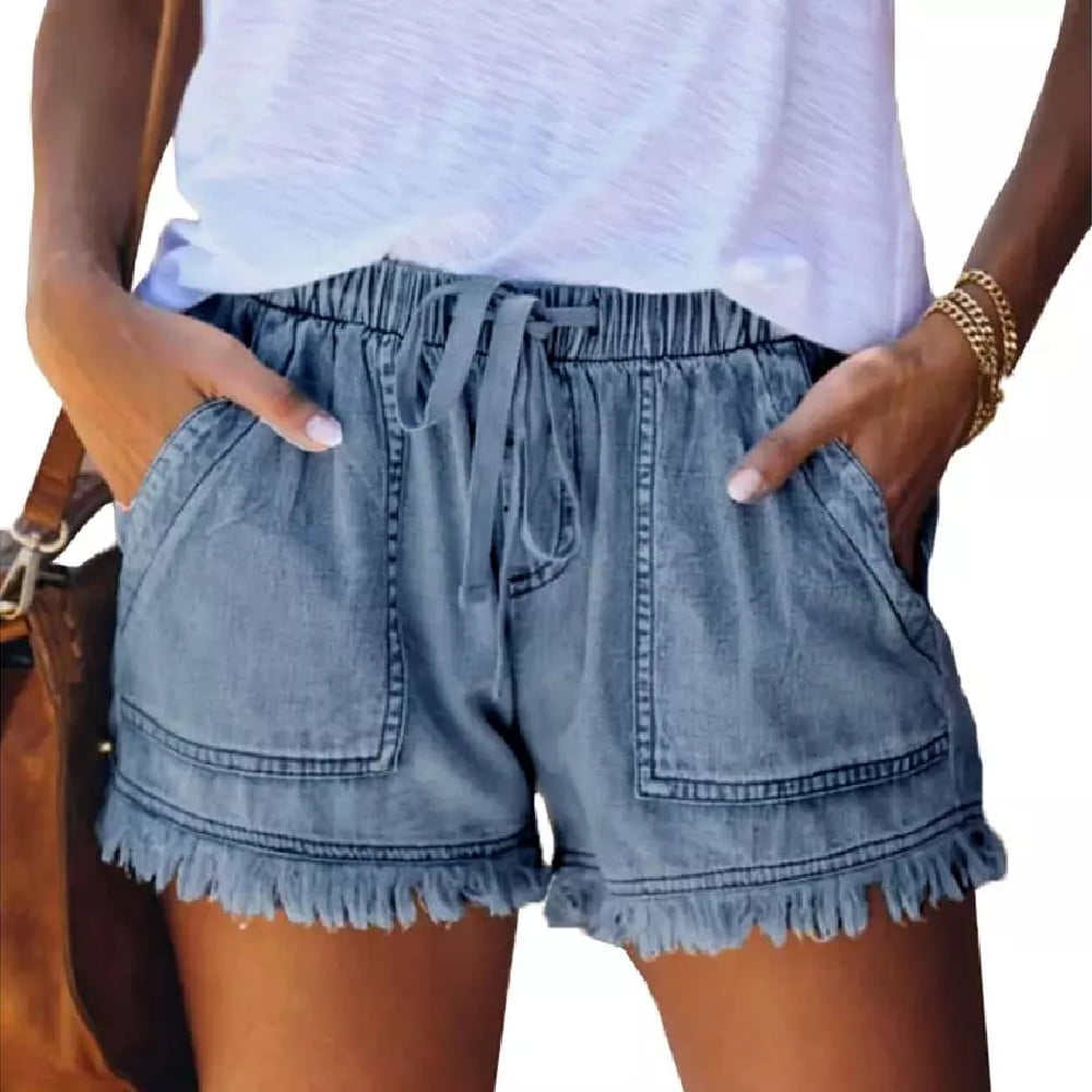 Asvivid Womens Casual Drawstring Elastic Waist Summer Frayed Tencel Shorts with Pockets S-XXL 