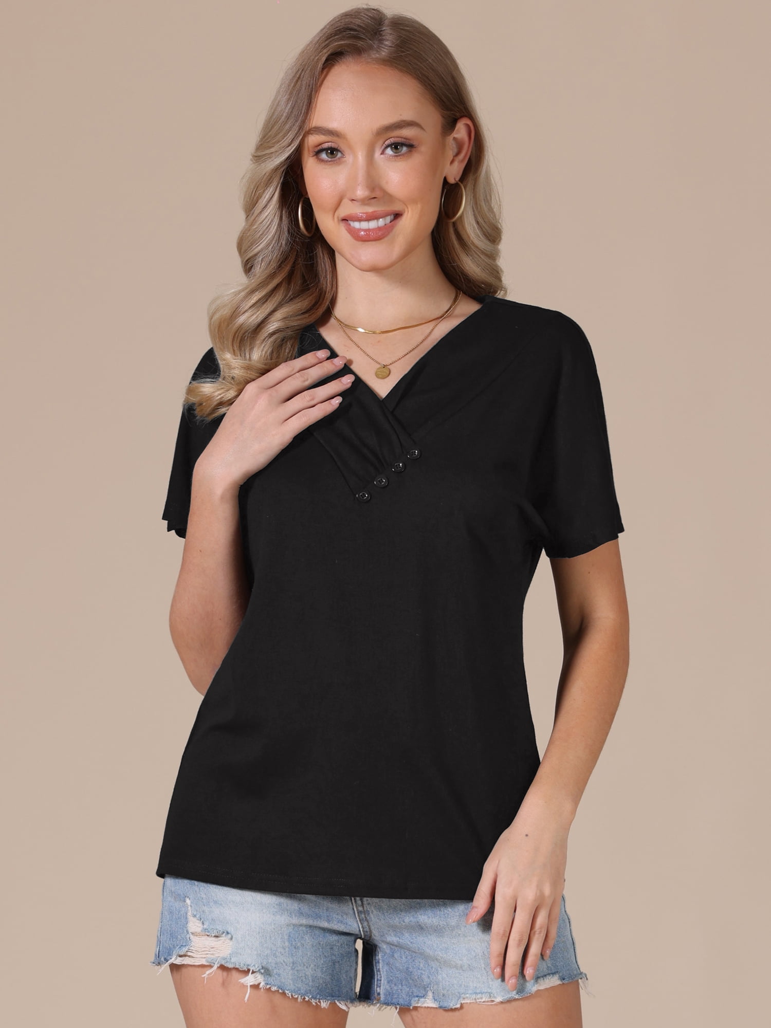 DARING DIVA Women's Summer Short Sleeve Tunic Tops Casual V Neck Button Shirts XL Black