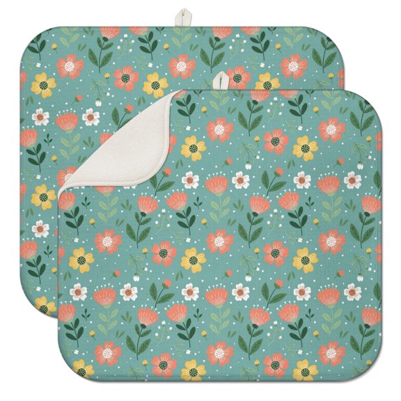Pioneer Flower Floral Print Pattern Kitchen Dish Drying Mat 1 Pack, Ultra Absorbent Microfiber Drainer Mat, 16"x18"
