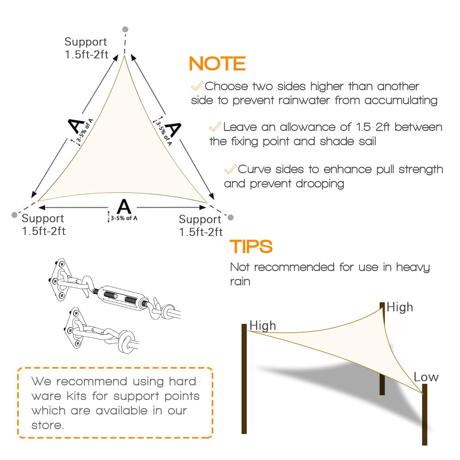 10'X10'X14' HDPE Sunshade Sail, Cream
