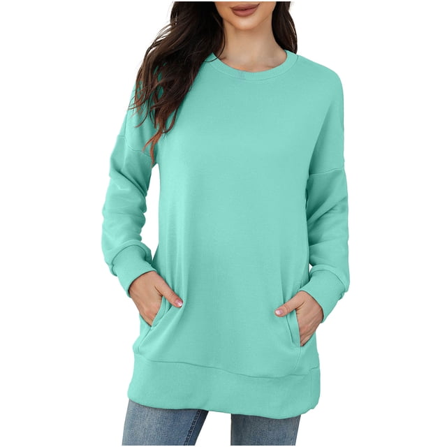 Bowake Femmes Automne Hiver Hauts Décontractés Col Rond Manches Longues Sweat-Shirt Couleur Unie Coupe Ample Pull avec Poches