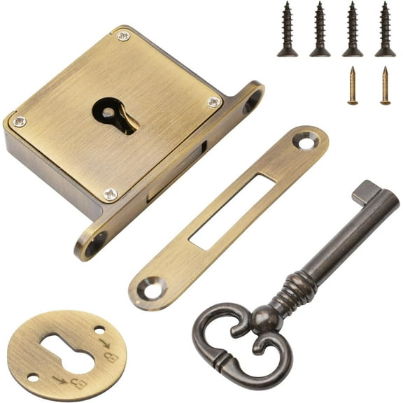 Vintage Lock, 1 Pack Bronze Cabinet Lock Set with Key Retro Desk Drawer Spring Lock Decorative Antique Brass Lock for Cabinet, Wardrobe, Drawer, Cupboard, Wooden Boxes