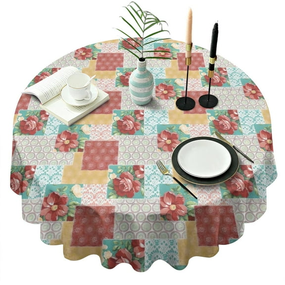 Pioneer Flower Floral Print Pattern Round Tablecloth 60"x60",Wrinkle Wipeable Table Cloth for Kitchen Dining Room Picnic Patio Party