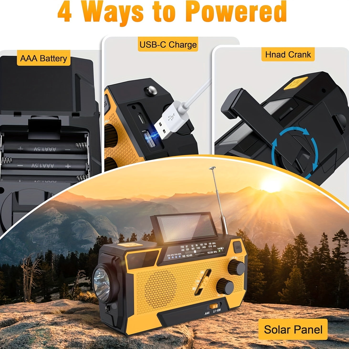 Greadio Emergency Weather Radio, Solar Powered NOAA Hand Crank Radio with Flashlight, Portable Radio, Retail Packaging, Orange, 1 Count