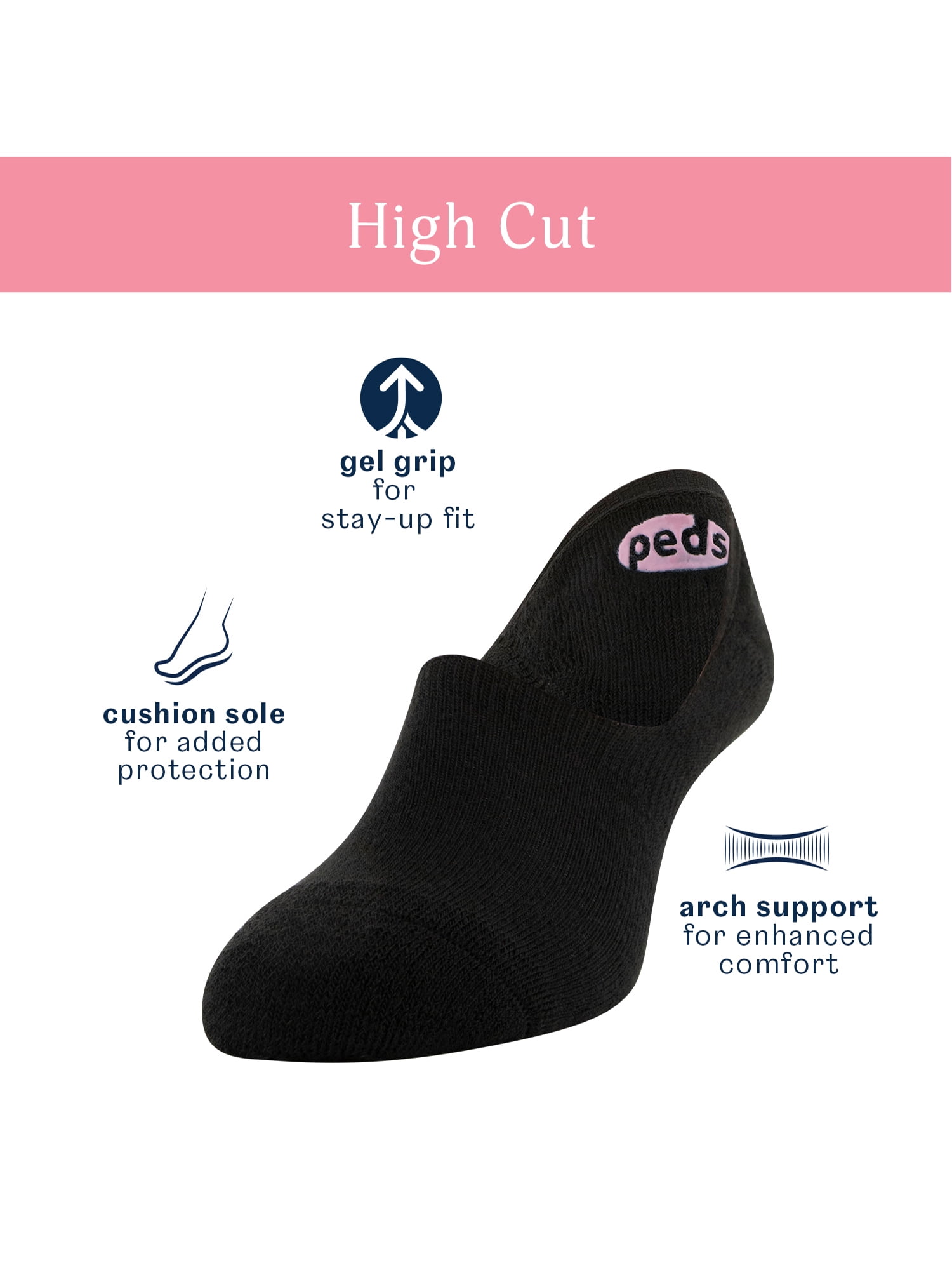 PEDS Women's High Cut Cushion Heel and Toe Liner Socks with Heel Tab, 6 Pairs