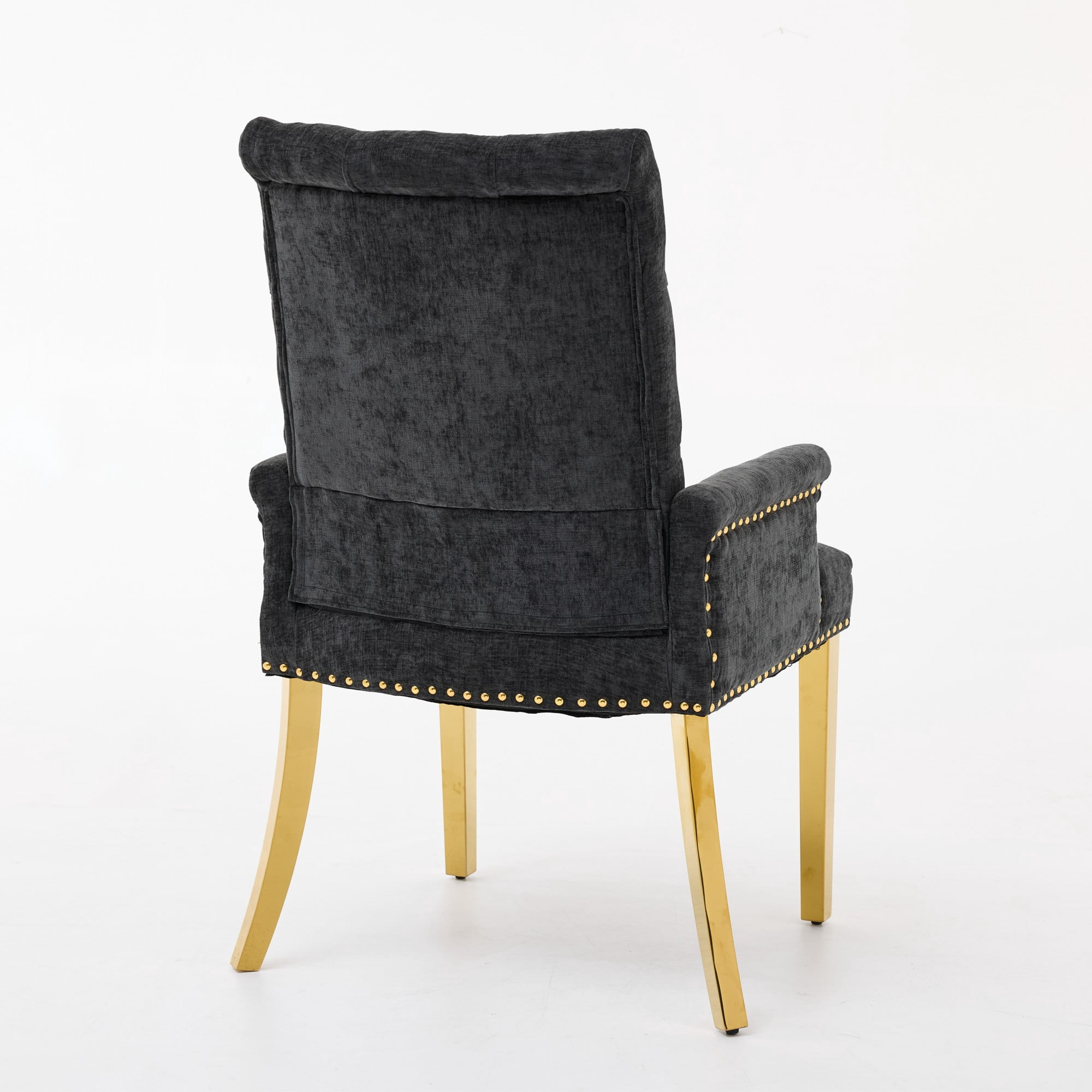 GARITIN Upholstered Dining Chair with Arms, Tufted Button High Back Accent Chair with Nailhead Trim and Stainless Steel Legs, Black & Gold