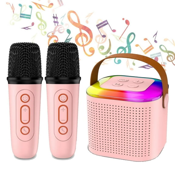 Mini Karaoke Machine, Portable Bluetooth Speaker 2 Mic Led Lights Suitable at Home Outdoor Parties Pink