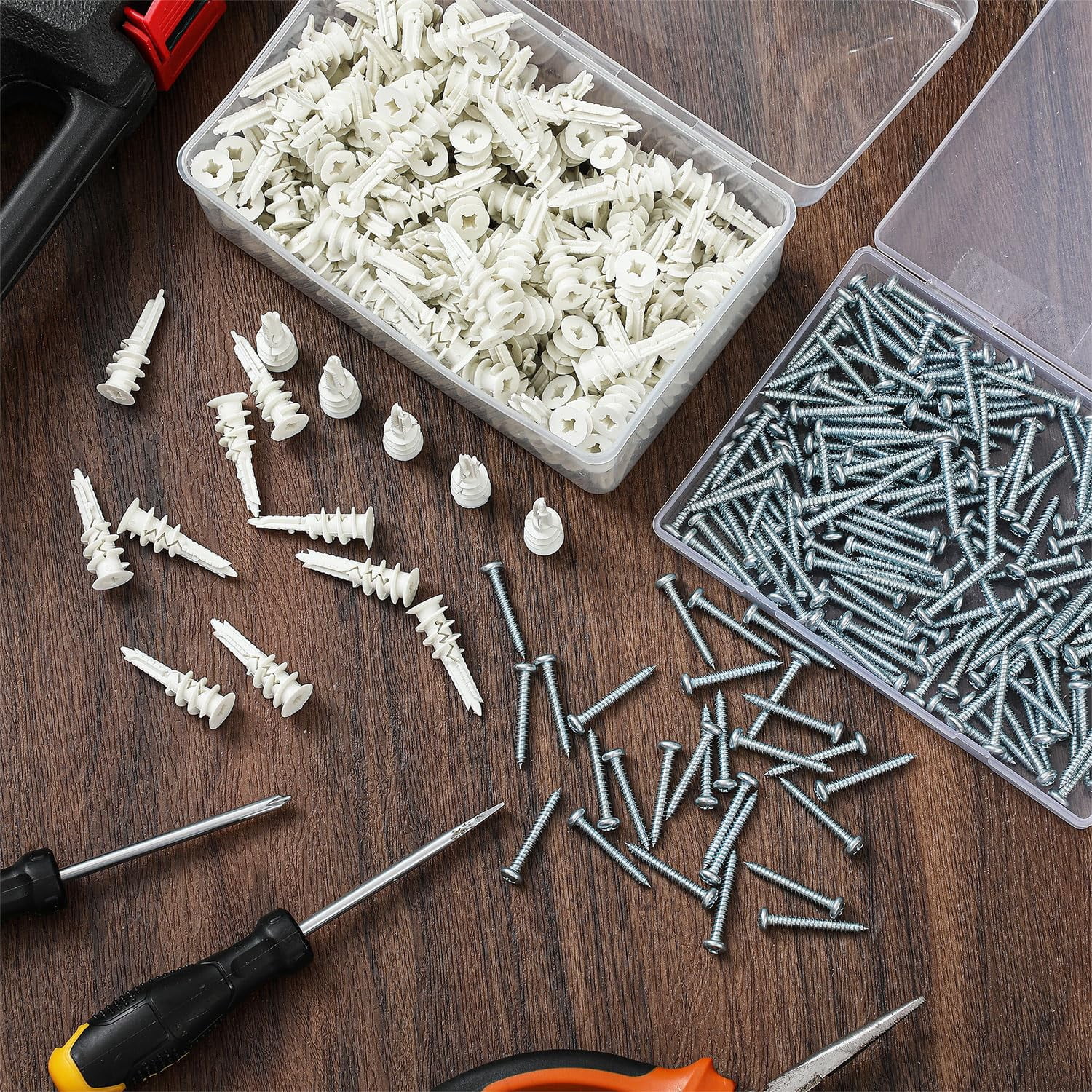 400 Pcs Self Drilling #8 Drywall Anchors Bulk and Screws Set Nylon Heavy Duty 75lb No Pre Drill Hole for Hanging Shelf Picture Decor with Storage Case(Regular Anchor Non Split)