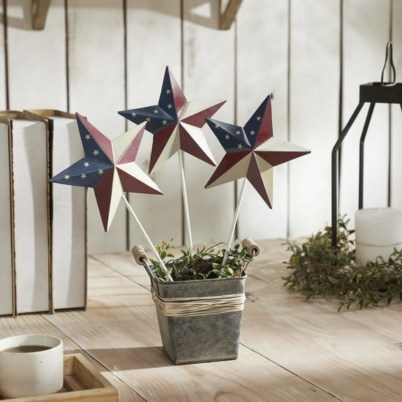 VHC Brands Patriotic Painted Metal American Flag Theme Star on Pick Set of 3 12x5.5, Independence Day Decor, Decorative Picks, Rustic Farmhouse Decorations, Patriot Blue, Merlot, Light Tan